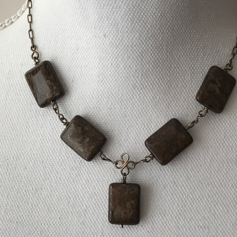 Vintage real brown polished square stone necklace